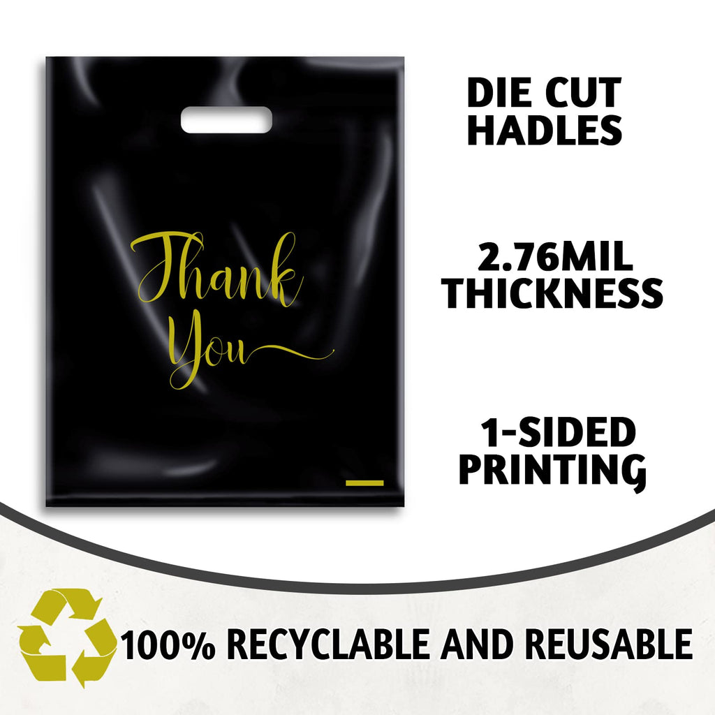 MLAFLY Thank You Bags for Business Small, 100 Pack Plastic Shopping Bags for Small Business, Merchandise Bags for Packaging Products, Retail Boutique Bags for Wholesale (Black,Medium(12x15))