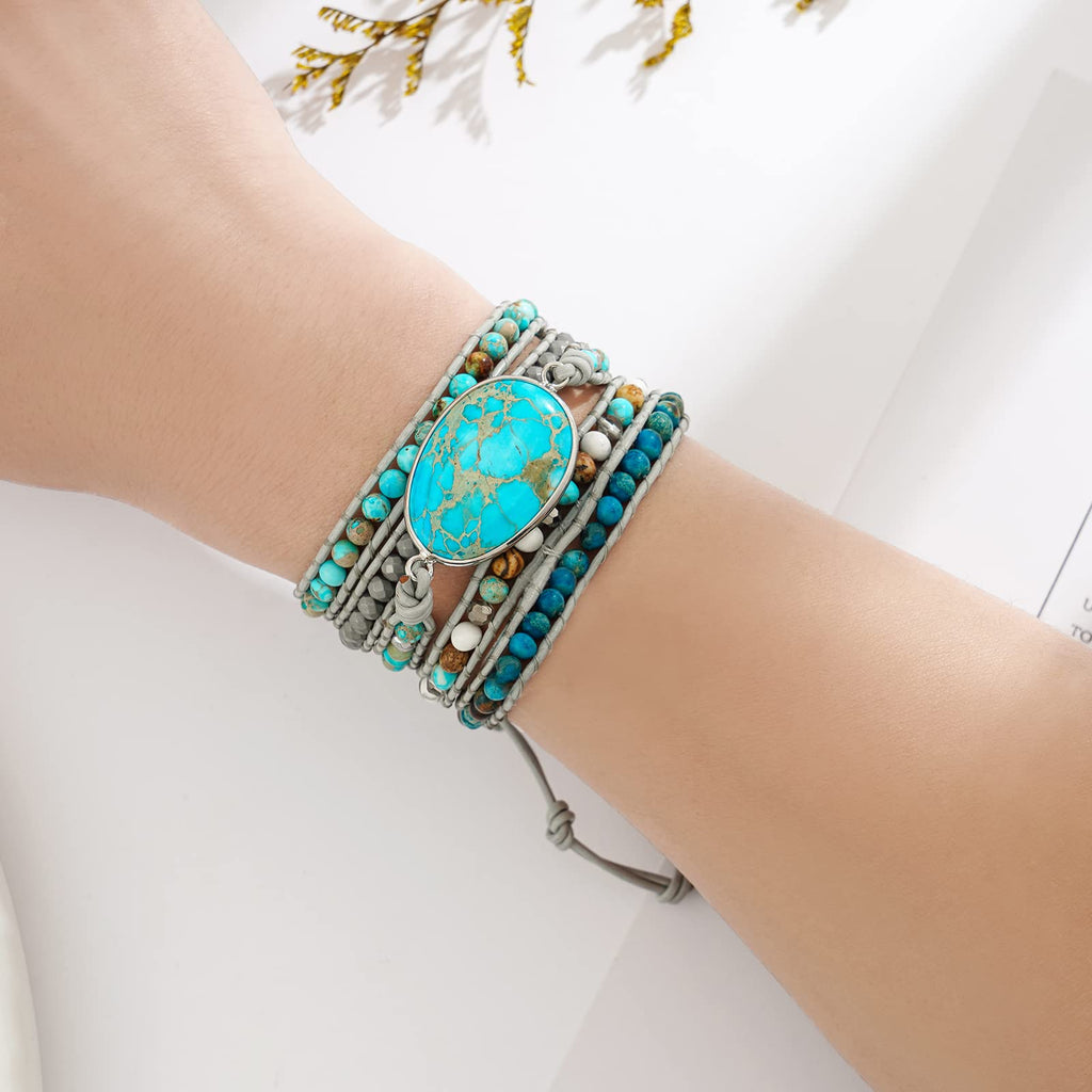 Plumiss Boho Natural Turquoise Stone Beaded Wrap Bracelets for Women Men