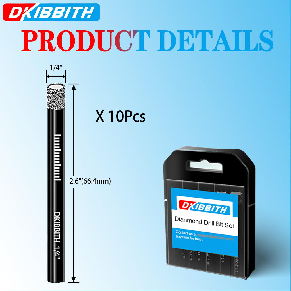 10 pcs 1/4" Diamond Drill Bits for Tile, Porcelain, Ceramic, Granite, Marble, Stone, Glass, Dry Drilling Tile Drill Btis with Storage Case and 1/4" Round Shank