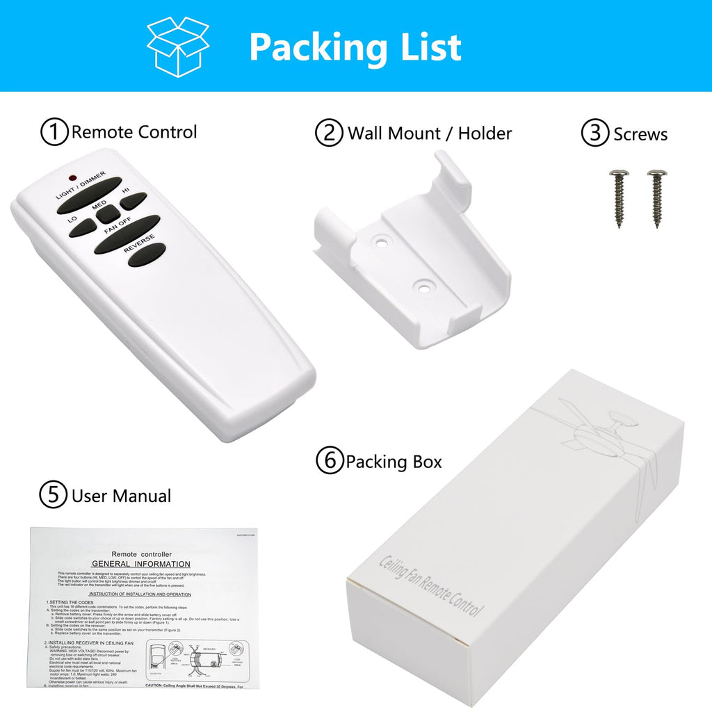 Replacement Remote for Hampton Bay Hunter Ceiling Fan Remote Control, 303.9MHz w/Reverse Light Dimmer 3-Speed Wall Mount, for UC7078T CHQ7078T CHQ8BT7078T L3H2010FANHD Fan-HD HD6(Remote Only)
