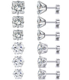6 Pairs Screw Back Titanium Surgical Stainless Steel Round Square Princess Cut CZ Earrings For Women Men Hypoallergenic Cubic Zirconia Earrings (White Gold Plated)