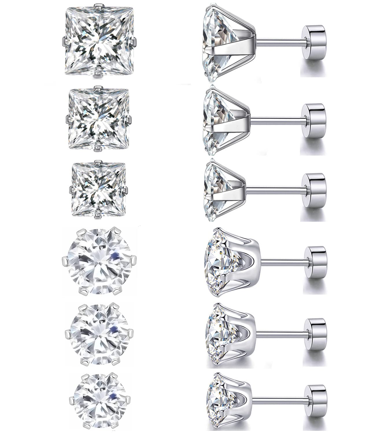 6 Pairs Screw Back Titanium Surgical Stainless Steel Round Square Princess Cut CZ Earrings For Women Men Hypoallergenic Cubic Zirconia Earrings (White Gold Plated)