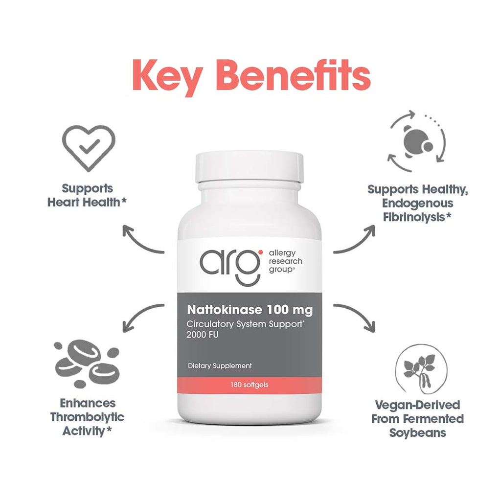 Allergy Research Group ARG Nattokinase 100 mg - Supplement to Support Healthy Circulation - Delivers 100 mg Nattokinase NSK-SD from Fermented Soybeans per Serving - 180 Servings - 180 Capsules