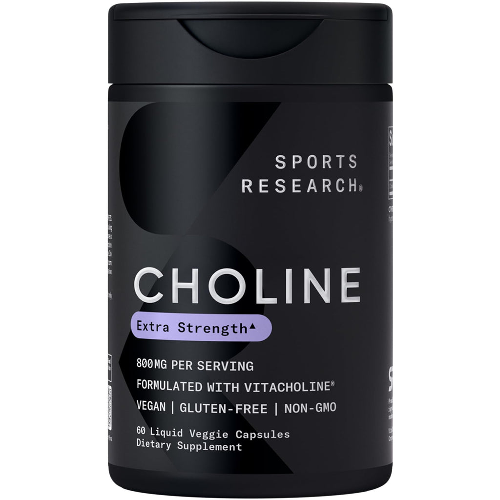 Sports Research® Extra Strength Choline 800 mg - Essential Nutrient Featuring VitaCholine® for Focus Support - Vegan Certified · Non-GMO · Gluten Free - 60 Liquid Capsules