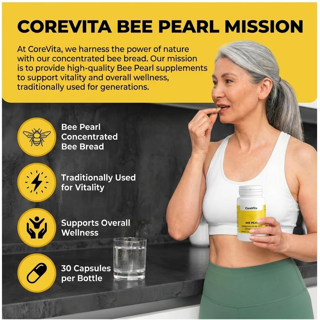 CoreVita Bee Pearl Capsules – Freeze-Dried Bee Bread Supplement for Energy, Immunity & Vitality Support – Natural Superfood, Non-GMO – 30 Capsules