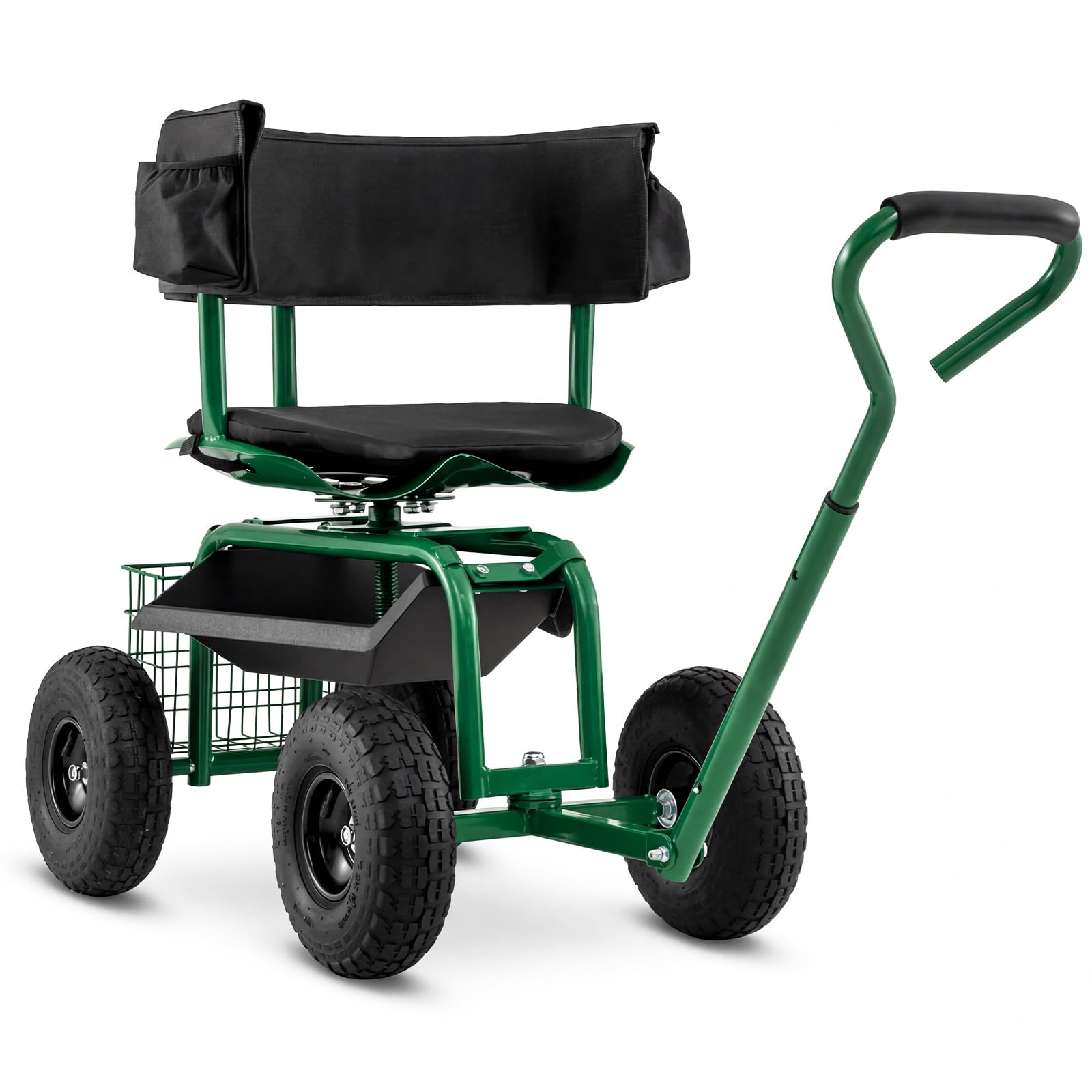 Goplus Garden Seat with Wheels, Rolling Gardening Stool with Adjustable 360° Swivel Seat, Tool Tray & Storage Basket, Extendable Handle, Outdoor Gardening Scooter, Garden Cart Workseat for Seniors