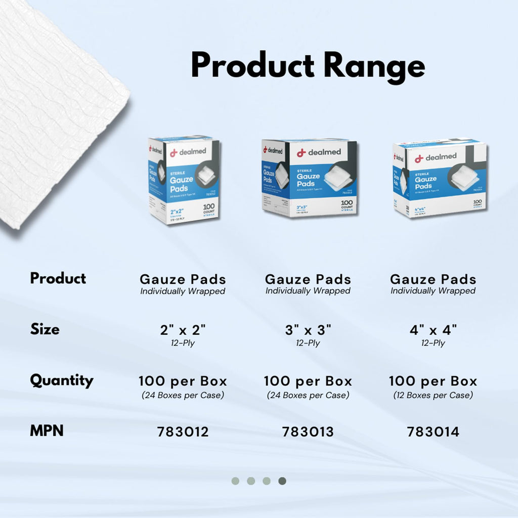 Dealmed 4x4 Sterile Gauze Pads - Disposable - 100 Count Case of 12