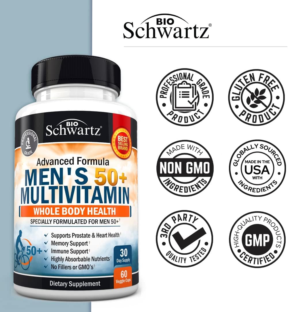 Once Daily Multivitamin for Men 50 and Over - Supplement for Heart Health Support - with Zinc, A, B, C, D3, E Vitamins - for Memory & Brain Health Support - Designed for Whole Body Health - 60 Count