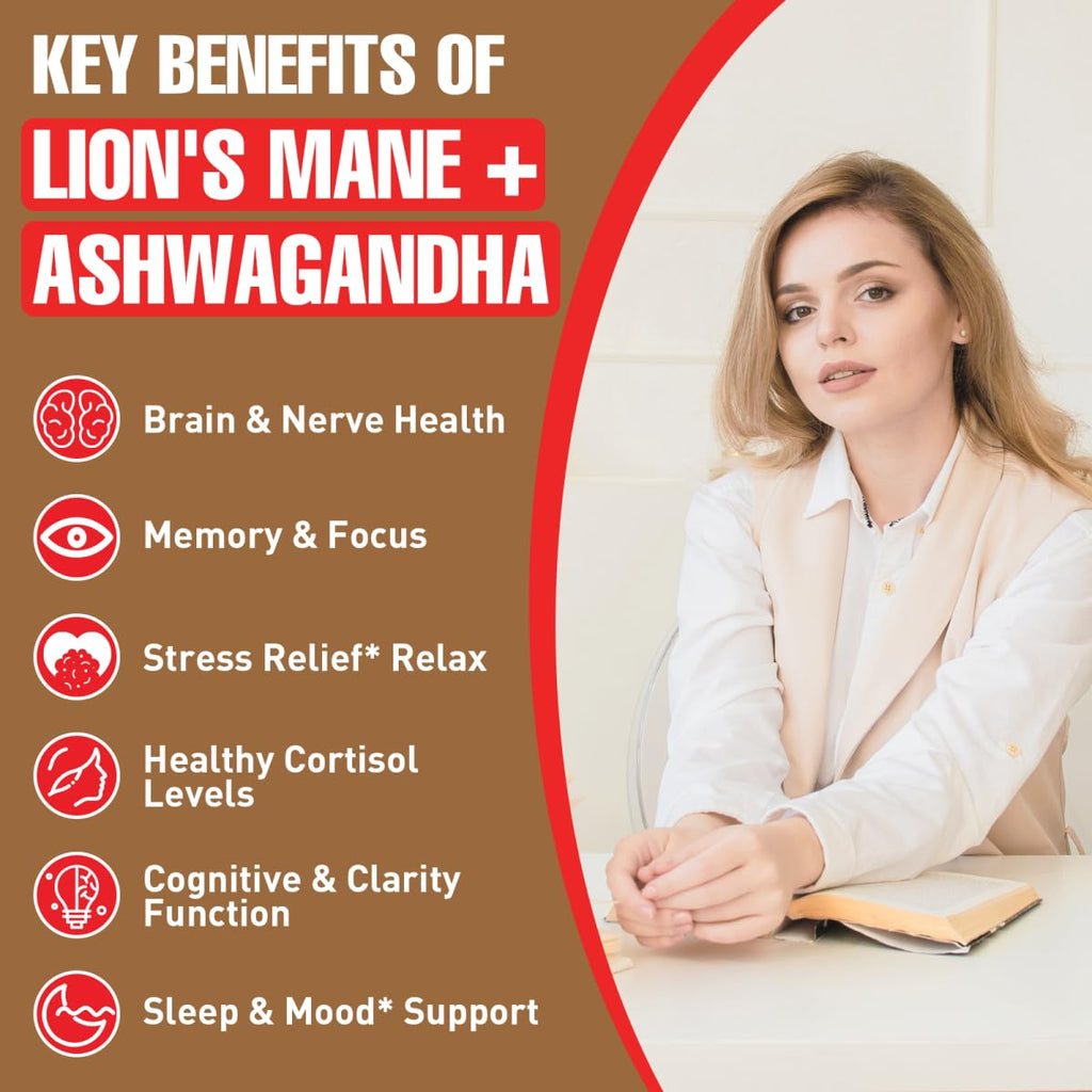 Ashwagandha & Lions Mane Supplements Capsules, Brain Supplements for Memory and Focus, Ashwagandha with Rhodiola Rosea for Cognitive, Immune Support, Cortisol Supplements for Women, 90 Capsules