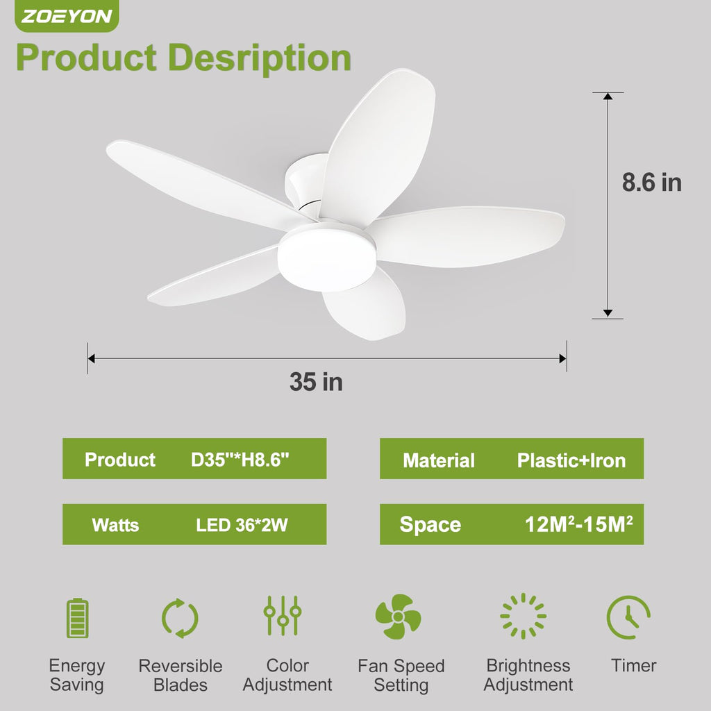 ZOEYON Small Ceiling Fan with Light - 35 Inch Flush Mount Ceiling Fan with Lights and Remote, Low Profile Ceiling Fans with 5 Reversible Blades, 6 Wind Speeds, White Ceiling Fans for Bedroom