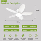 ZOEYON Small Ceiling Fan with Light - 35 Inch Flush Mount Ceiling Fan with Lights and Remote, Low Profile Ceiling Fans with 5 Reversible Blades, 6 Wind Speeds, White Ceiling Fans for Bedroom