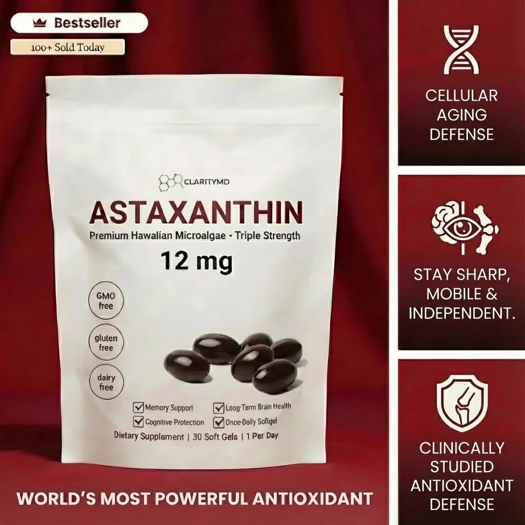 ClarityMD Astaxanthin 12mg Antioxidants Supplement – Natural Microalgae Source – Lipid-Based Softgel for Enhanced Absorption – Cognitive, Vision & Joint Support – 30 Softgels (Pack of 3)