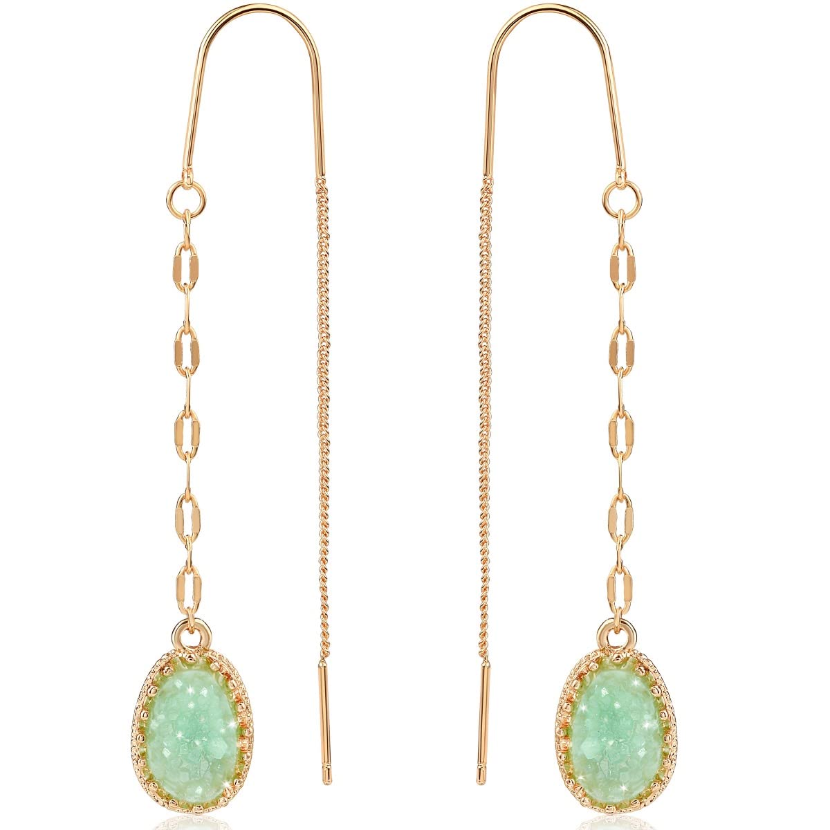 Aqua Green Dangle Earrings for Women - Long Boho Faux Druzy Threader Drops