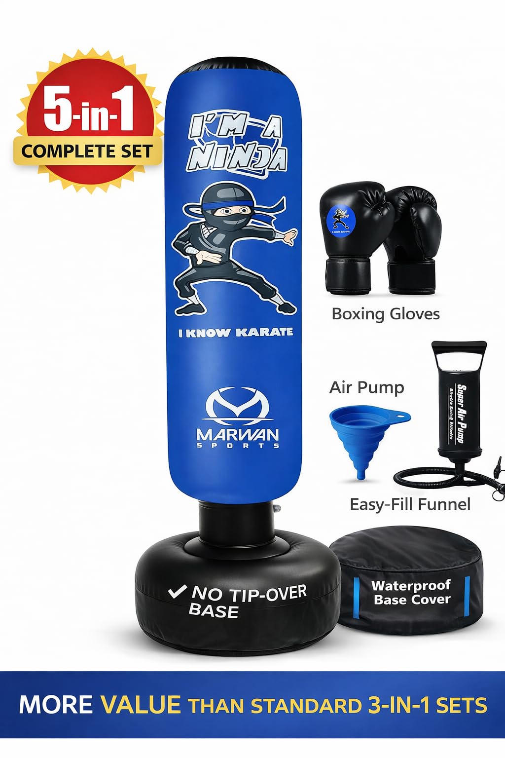 Marwan Sports 5-in-1 Kids Punching Bag Set with Gloves, Pump & Funnel – 63” Inflatable Boxing Bag for Kids 4-12, Durable PVC, Fast Rebound, Waterproof Base Cover with Handles, Gift for Boys & Girls