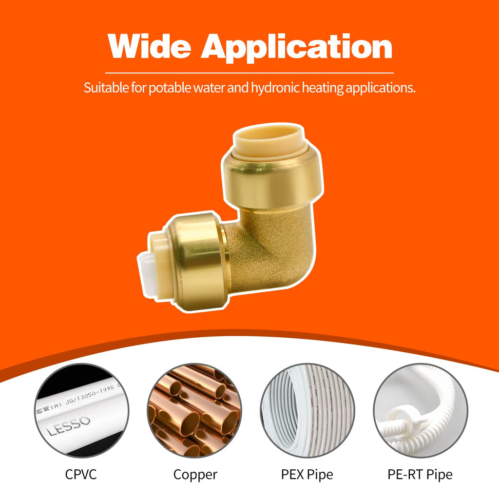 6 Pack Push-to-Connect Plumbing Fittings, 1/2" Pushfit Elbow Fittings with Disconnect Clip for Copper, PEX, CPVC Pipe
