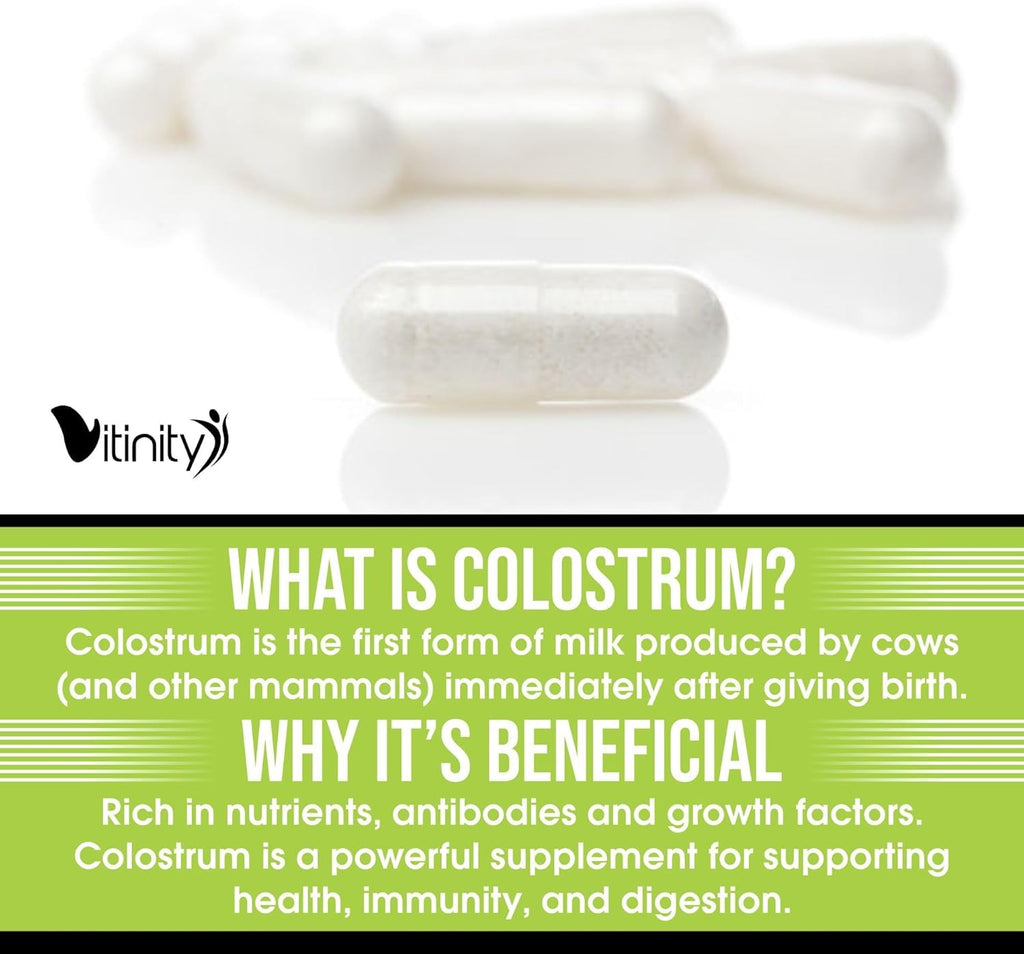VITINITY Grass Fed Bovine Colostrum Capsules for Humans - Natural IgG Colostrum Supplement for Gut Health, Immune Support, Muscle Recovery & Wellness | Pure Colostrum Superfood, Unflavored (120 Count)
