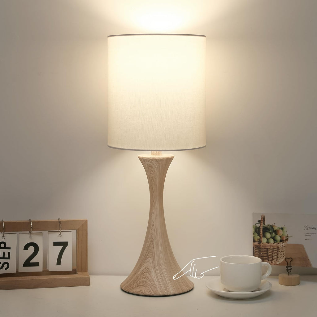 Bedside Touch Lamp, 3 Way Dimmable Touch Control Table Lamp, Wood Grain Farmhouse Table Lamp, Modern Nightstand Lamp with White Shade for Bedroom, Dorm, Office, 3000K LED Bulb Included
