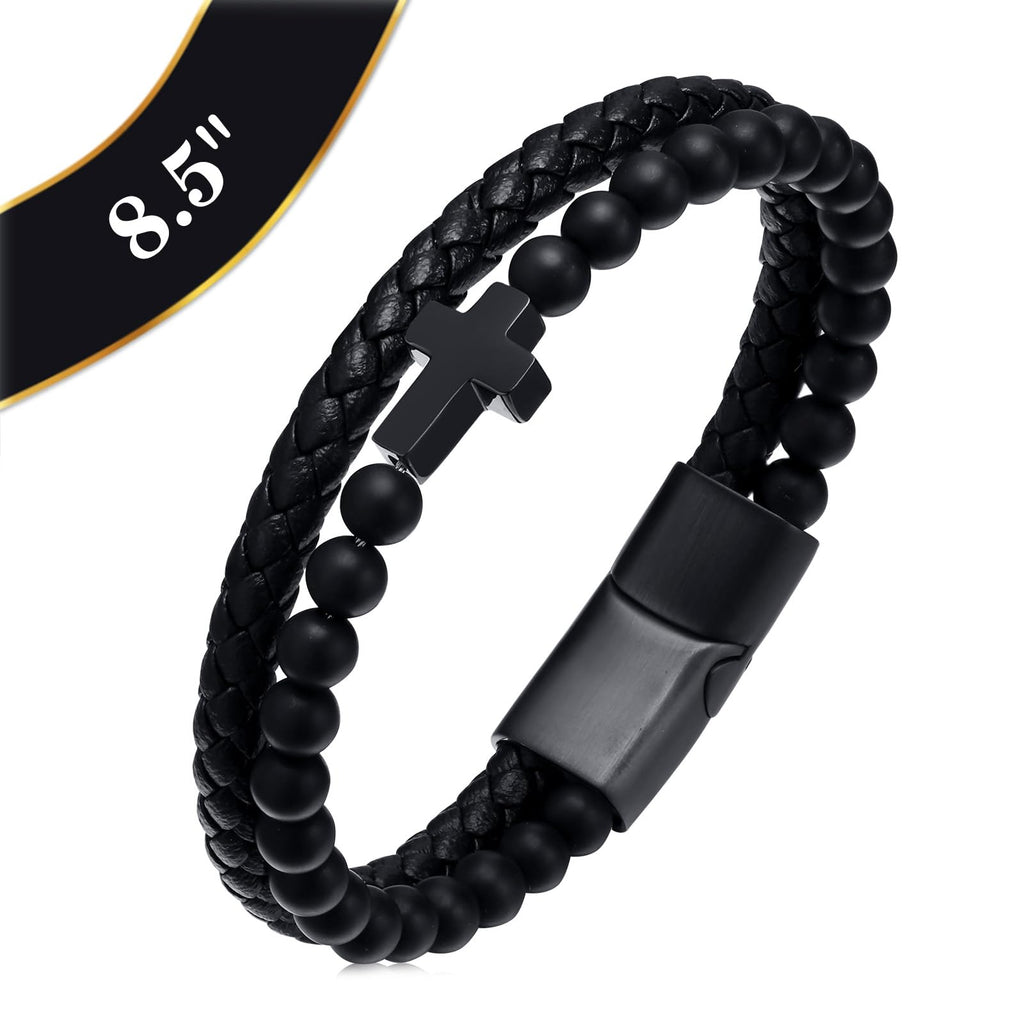 Mens Cross Bead Braided Genuine Leather Bracelet, Black Gemstone Agate Onyx Beaded Rosary Obsidian Bangle, Faith Religious Easter Catholic Christian Communion Baptism Christmas Jewelry Gift for Men