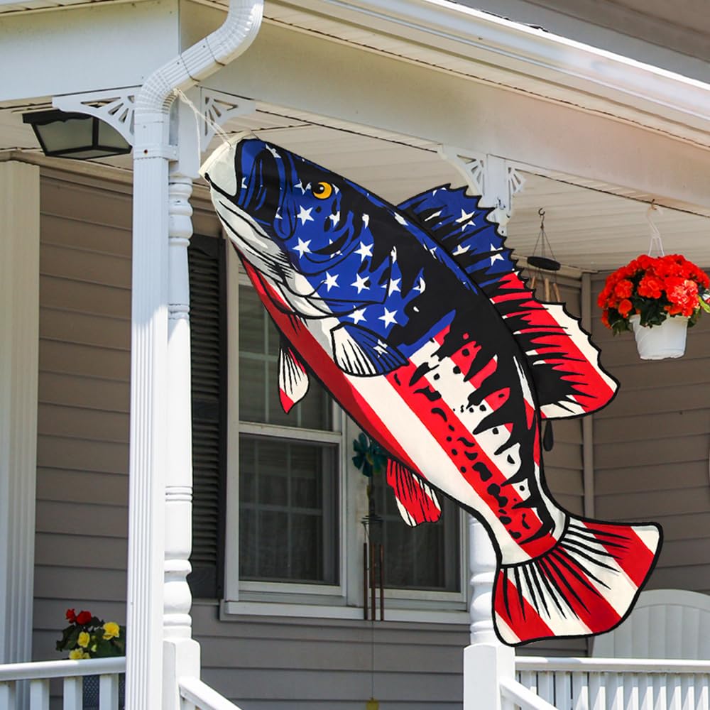 YMYIELD Patriotic USA American Fish Windsock 40 Inch | Durable Outdoor Hanging Decoration, for Yard Garden Patio Deck Boat Dock and More