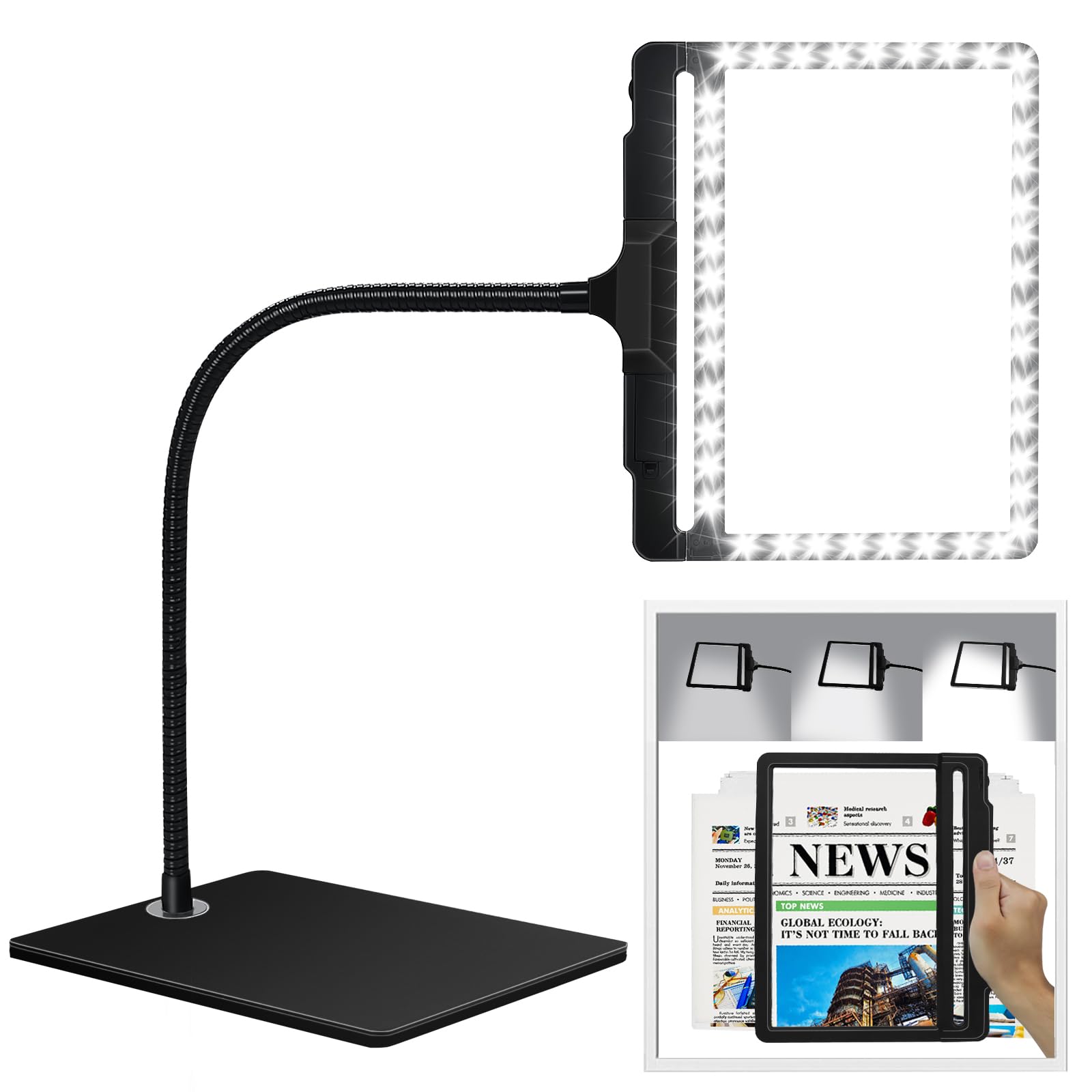 5X Large Magnifying Glass with Light and Stand, 42 LED Flexible Gooseneck Magnifying Desk Lamp, 2 in 1 Adjustable Brightness Detachable Large Page Magnifier for Reading, Sewing, Crafts, Painting, DIY