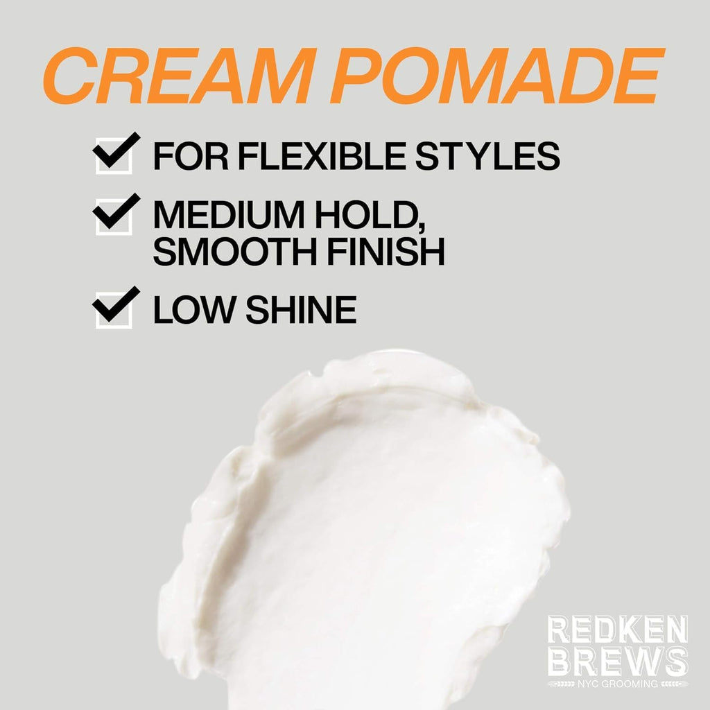 Redken Brews Cream Pomade For Men - Styling Cream with Medium Hold, Natural & Smooth Finish With Low Shine, For All Hair Types