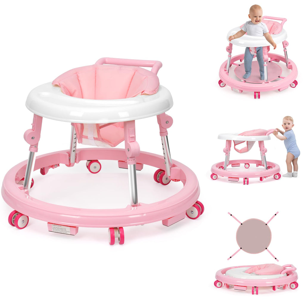 TreeCute Baby Walker Foldable with 9 Adjustable Heights, Baby Walker with Wheels Portable, Infant Toddler Walker for Baby Boy Girls 6-18 Months (Pink)