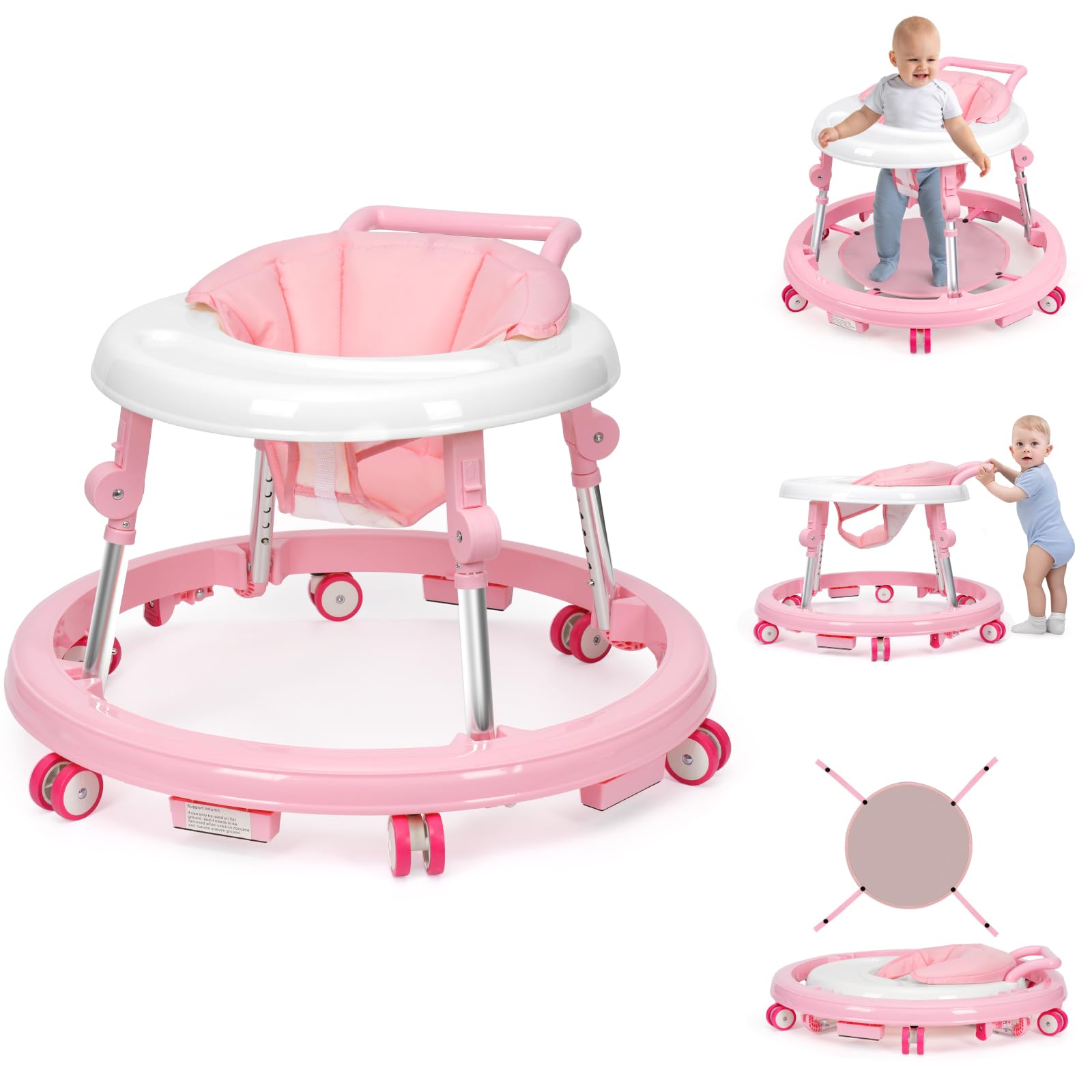TreeCute Baby Walker Foldable with 9 Adjustable Heights, Baby Walker with Wheels Portable, Infant Toddler Walker for Baby Boy Girls 6-18 Months (Pink)