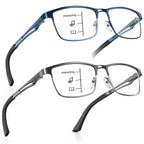 SKYFUEN Unbreakable Progressive Reading Glasses Men Multifocus Metal Full Frame, Blue Light Blocking/UV400 Protection Computer Readers with Durable Flexible Spring Hinges(Gunmetal+Navy Blue, +2.50)