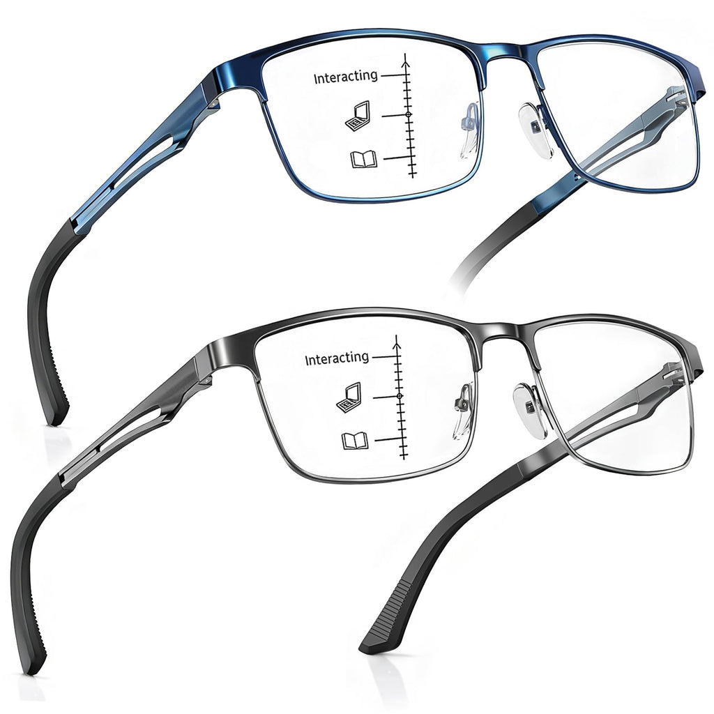 SKYFUEN Unbreakable Progressive Reading Glasses Men Multifocus Metal Full Frame, Blue Light Blocking/UV400 Protection Computer Readers with Durable Flexible Spring Hinges(Gunmetal+Navy Blue, +1.50)