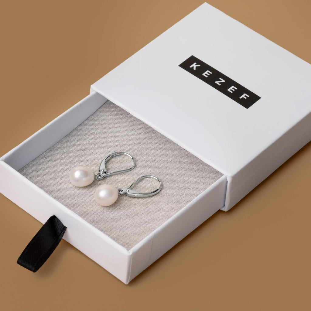 KEZEF Pearl Drop Earrings for Women, White Gold Plated Sterling Silver