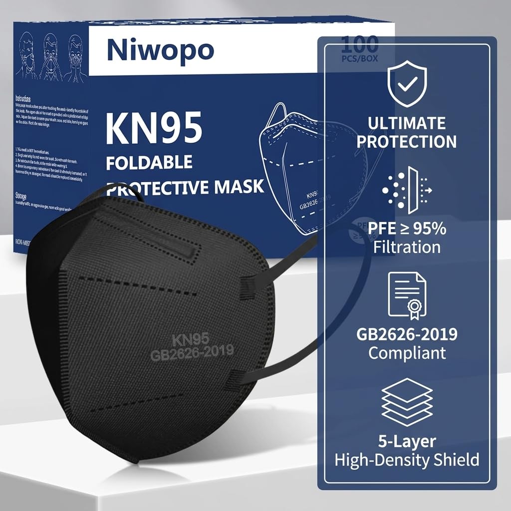 NIWOPO KN95 Face Mask 100 Pack, Individually Wrapped, 5-Ply Breathable Comfortable Safety Mask Filter Efficiency≥95% Against PM2.5 Black masks