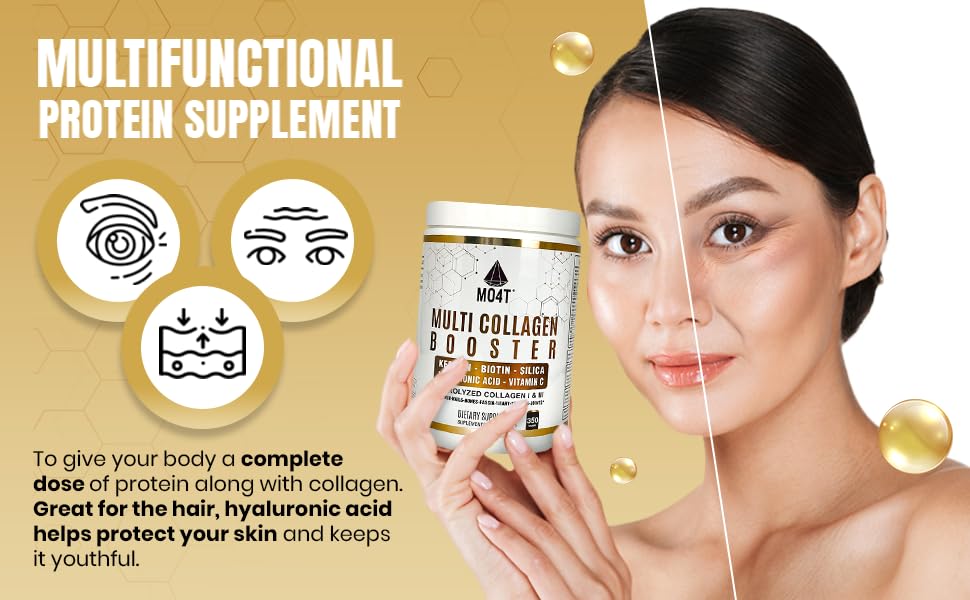 MO4T Multi Collagen Booster Powder – Extra Strength Collagen Supplement with Added Keratin, Biotin, Hyaluronic Acid, Vitamin C & Silica – Complete Doses of Extra Nutrients for Hair Nail & Skin–