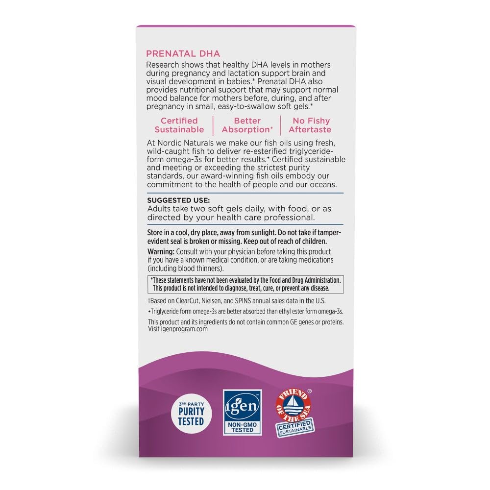 Nordic Naturals Prenatal DHA, Unflavored - 180 Soft Gels - 830 mg Omega-3 + 400 IU Vitamin D3 - Supports Brain Development in Babies During Pregnancy & Lactation - Non-GMO - 90 Servings