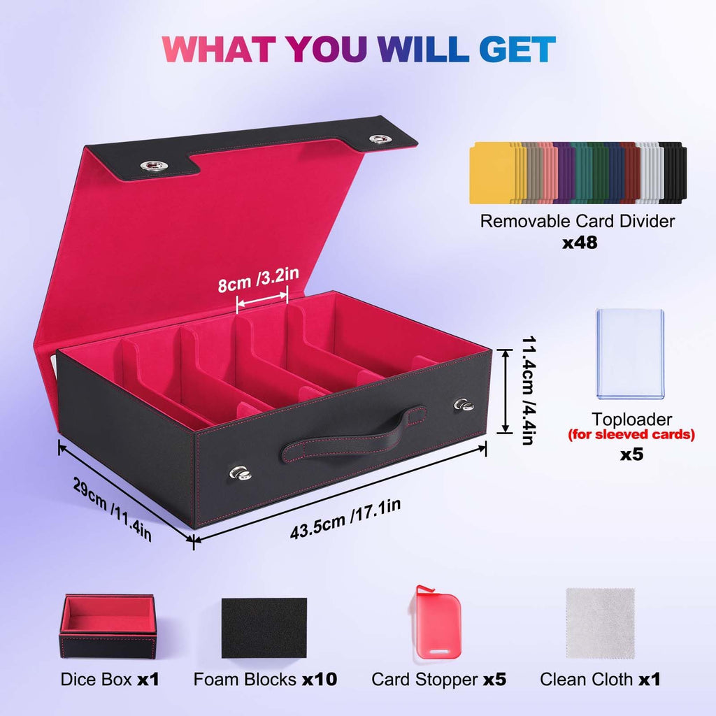 UAONO Trading Card Storage Box with Commander Display, 5 Row Magic Card Box with Handle & Aluminum Alloy Locking for 3900+ Unsleeved Cards Suits for MTG PTCG TCG Sports Cards (Black Red)