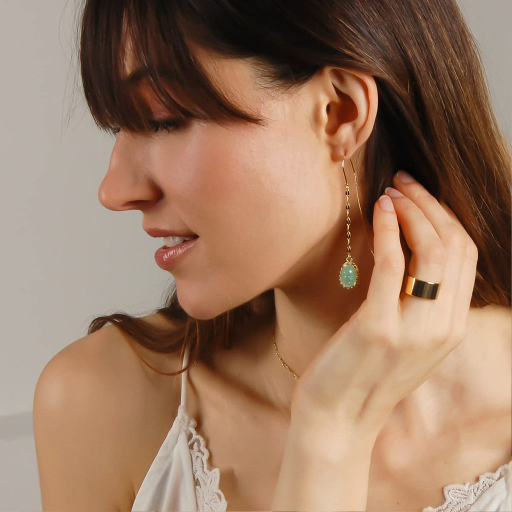 Aqua Green Dangle Earrings for Women - Long Boho Faux Druzy Threader Drops