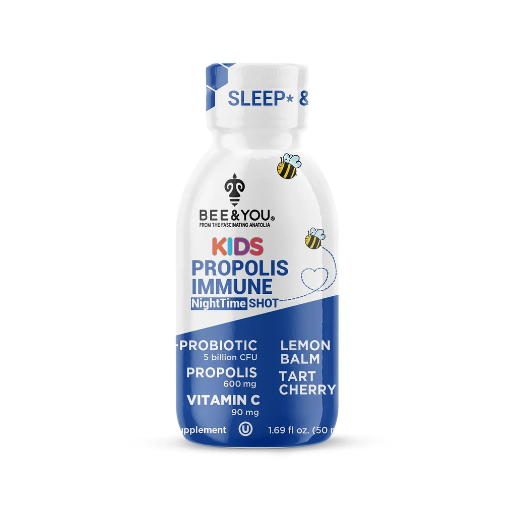 Bee and You Kids Propolis Immune Night Time Shot - Probiotic, Lemon Balm, Tart Cherry, Sleep Support, Immune Support, Gut Health 1.69 Fl. oz, 12 Pack