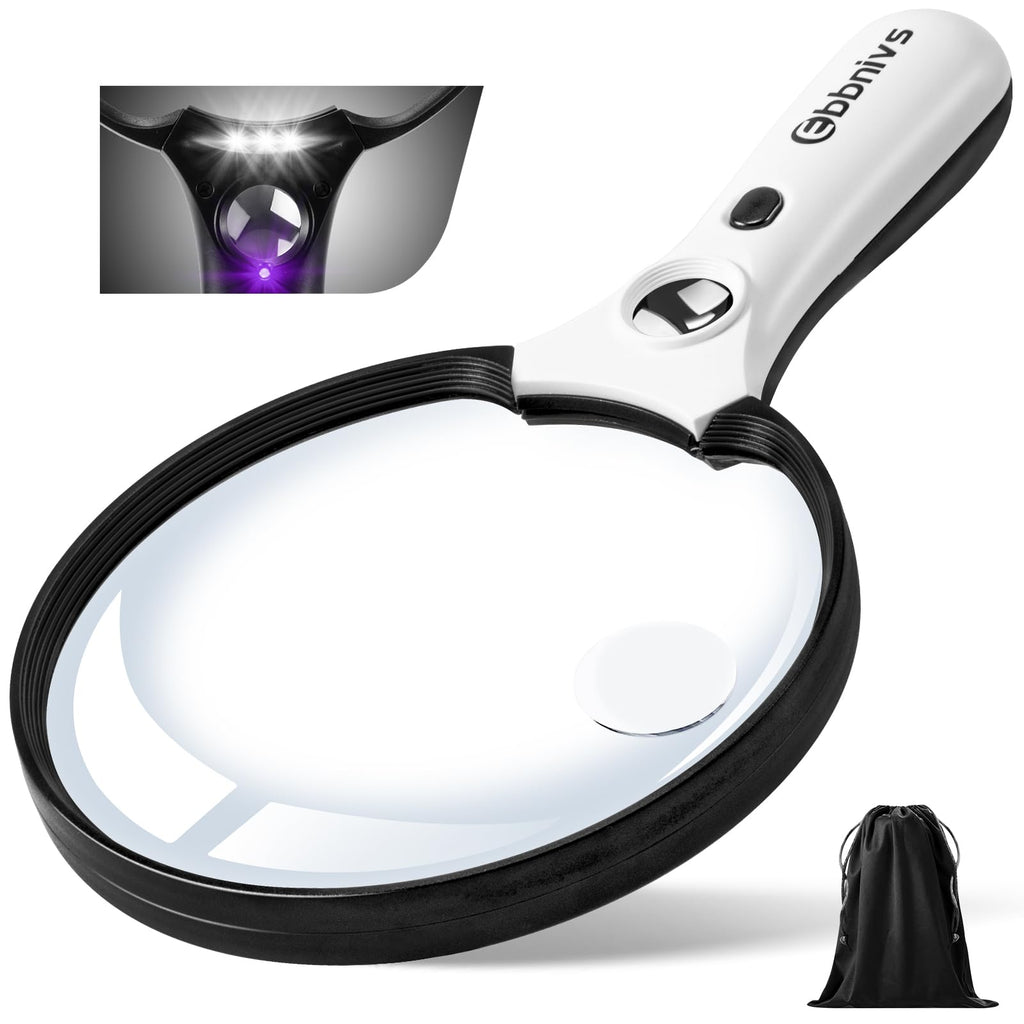 Large Magnifying Glass with Light, Magnifier Handheld Illuminated Lighted Magnifier with 3 LED Lights 1 UV Light Storage Bag Clean Cloth for Seniors Reading Inspection