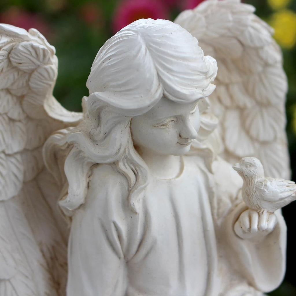 JARPSIRY Angel Garden Statue, Sitting Angel Sculpture, Resin Angel with Bird Figurine for Patio Yard Porch Lawn Outdoor Decor Home Shelf Sitter Memorial Spiritual Gifts