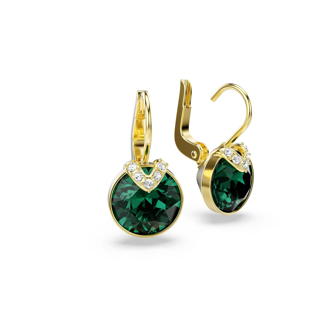 Swarovski Bella V drop earrings, Round cut, Green, Gold-tone finish