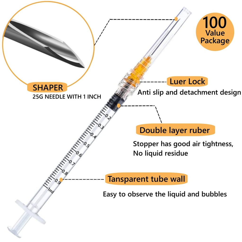 Ulove Prs 100 Pack 1ml Industrial Syringes with 25Ga 1 Inch Needle, Plastic Disposable Syringe and needle for Scientific Labs, Liquids Refilling and Measuring