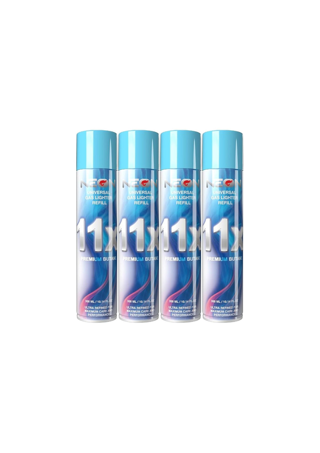 NEON Butane Lighter Refill 11X Ultra Refined Fuel Bundle, 300ml Premium Gas for Refillable Lighters and Torches, Universal Butane Fuel for Lighters Culinary Use and Stove Refilling – Pack of 4