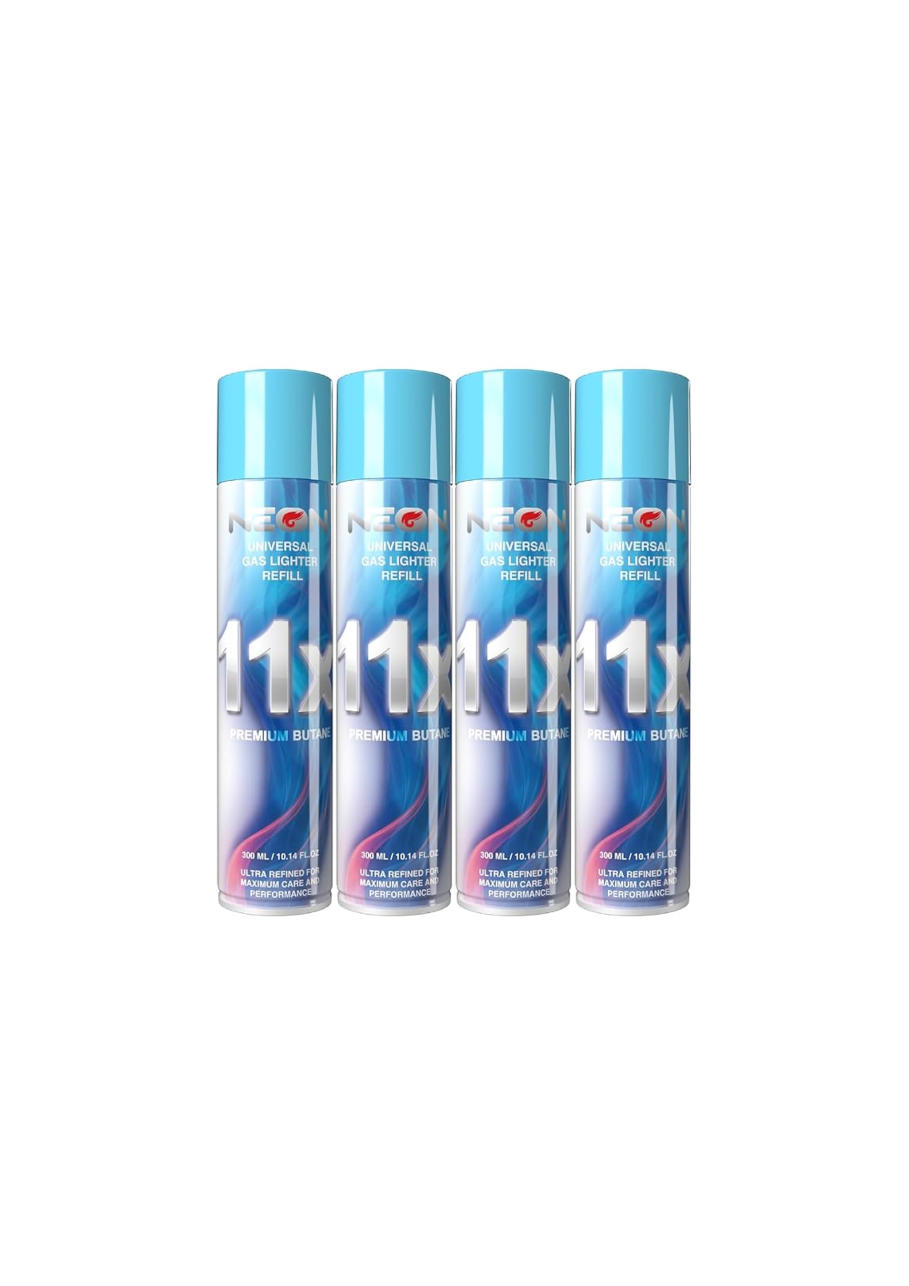 NEON Butane Lighter Refill 11X Ultra Refined Fuel Bundle, 300ml Premium Gas for Refillable Lighters and Torches, Universal Butane Fuel for Lighters Culinary Use and Stove Refilling – Pack of 4