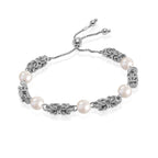LeCalla 925 Sterling Silver Byzantine Bracelet Jewelry Italian Rhodium Plated Simulated Pearl Beaded Sliding Bolo Bracelet for Women
