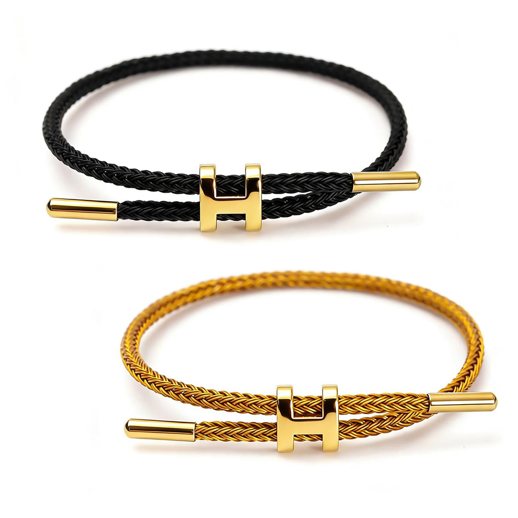 PPbuky Steel Bracelet Link, Adjustable H-shape Wire Rope Bracelet, Lucky Jewelry with Titanium Buckle for Birthday, Valentine's, Graduation, Fashion Gift for Women, Men, Lovers, Friends, Black&Gold