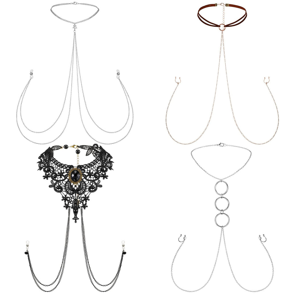 Bonuci 4 Pcs Non Piercing Bra Body Chain with Necklaces Body Chain Non Piercing Adjustable Bra Jewelry(Classic Style)
