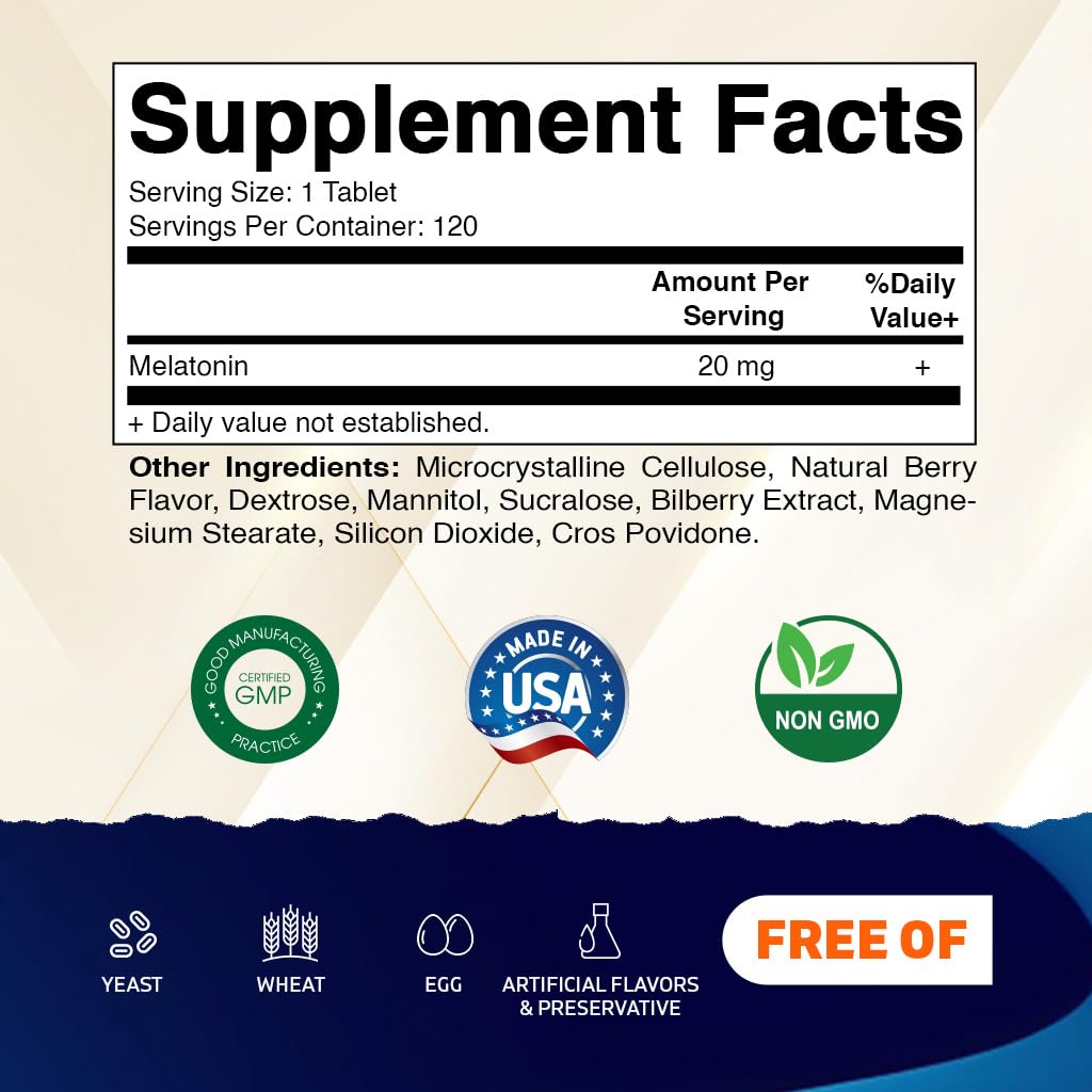 Vitamatic Melatonin 20mg for Sleep Support | Vegetarian, Non-GMO, Gluten Free | HIGH Potency 20 MG | Natural Berry Flavor 120 Fast Dissolve Tablets - 2 Pack - 240 Count