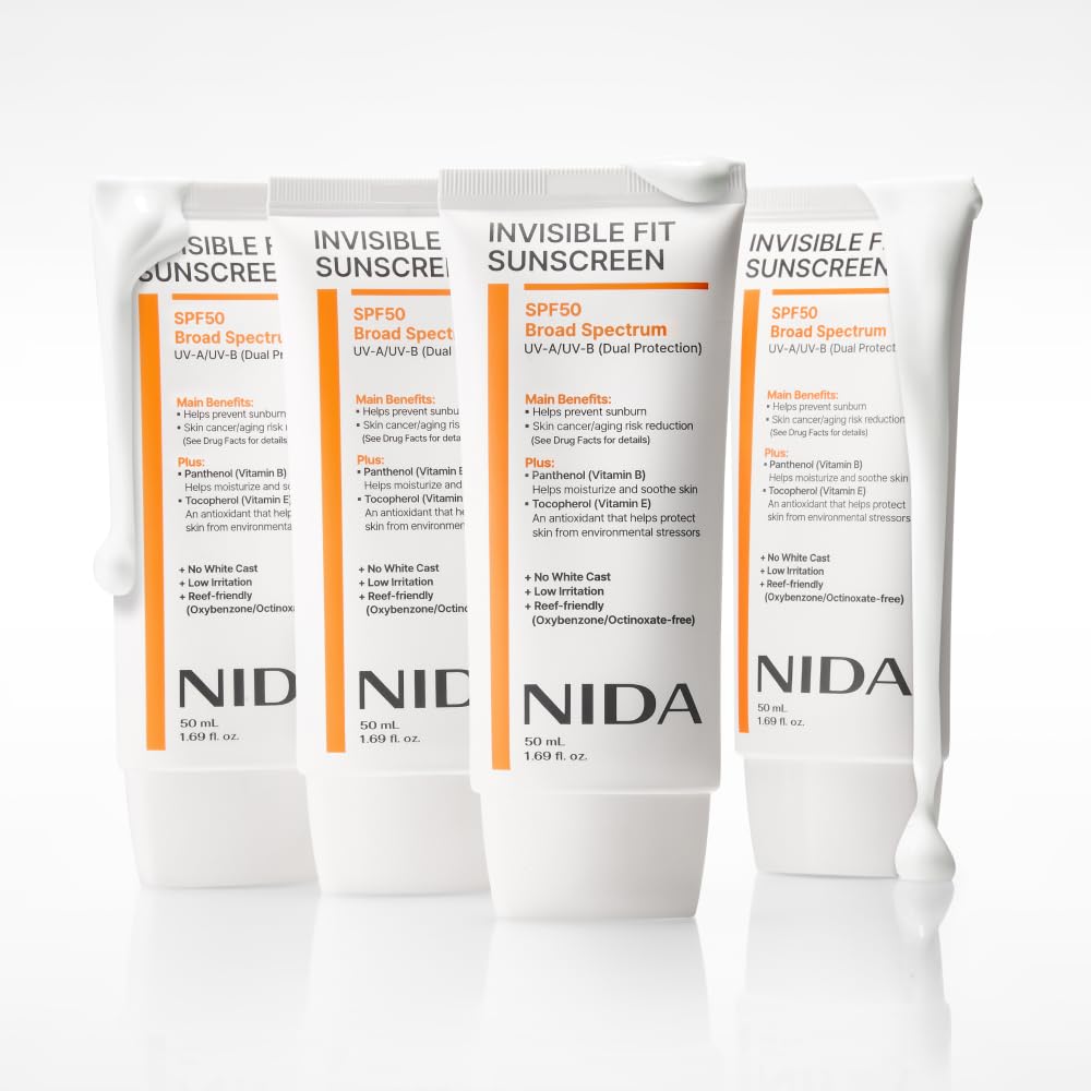 NIDA Invisible Fit Sunscreen | SPF 50 Broad Spectrum UV-A/UV-B Dual Protection | No White Cast, Low Irritation, Hydrating Lotion-like Lightweight Glow Sunscreen for All Skin Types | 1.69 fl. oz., 50ml