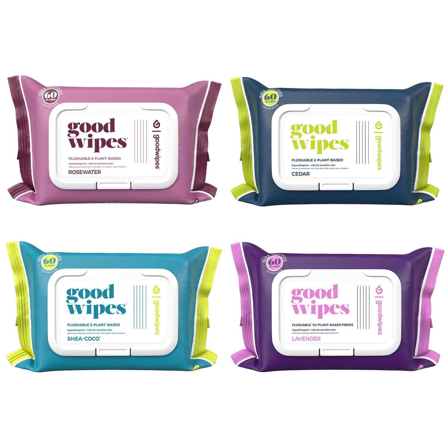 Goodwipes Flushable Butt Wipes Made with Vitamin E & Aloe - Soft & Gentle Wet Wipe Dispenser for Home Use, Septic & Sewer Safe - Largest Adult Toilet Towelettes - Variety Pack, 240 Count (4 Packs)