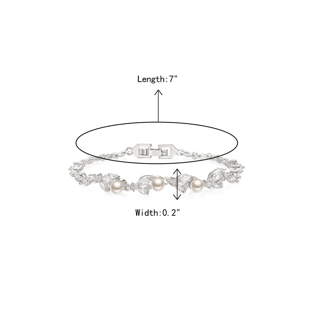 Crysdue Simulated Pearl CZ Wedding Leaf Tennis Bracelet for Women Clear
