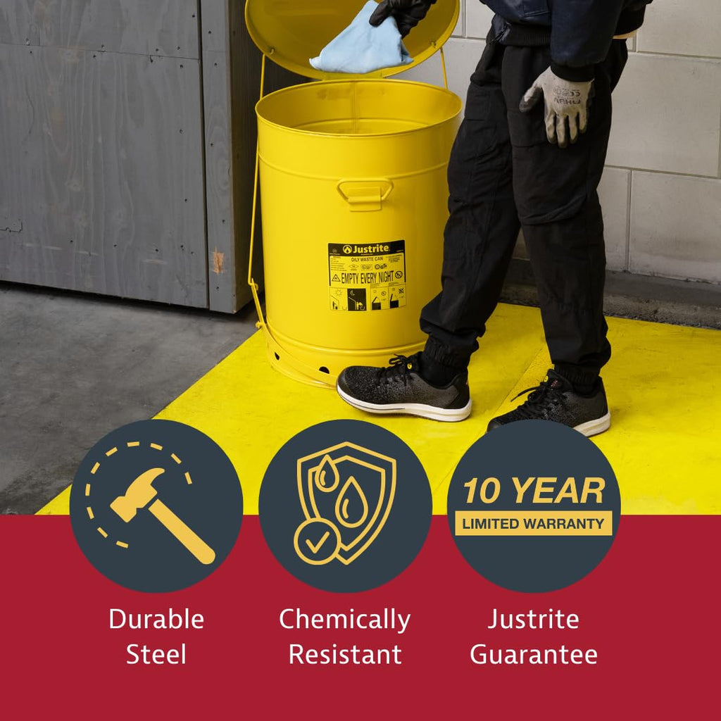 Justrite 21 Gallon Galvanized Steel Oily Waste Can, 23.5" x 18" Metal Oil Rag Safety Can with Foot Operated Self-Closing Lid for Oil Rag Disposal, Made in The USA, Yellow, 09701
